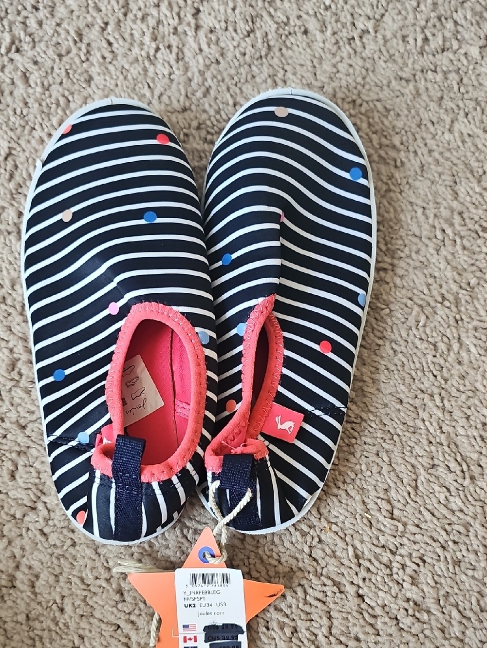 Joules Navy & White Striped Kids Water Shoes with Coral Trim and Multicolor Dots